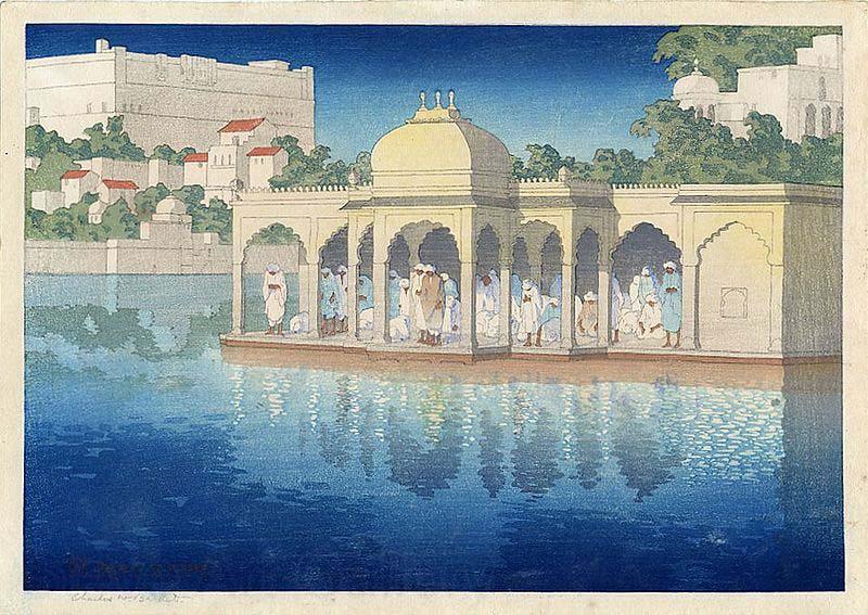 Charles W. Bartlett Prayers at Sunset, Udaipur, India, woodblock print by Charles W. Bartlett, 1919, Honolulu Academy of Arts